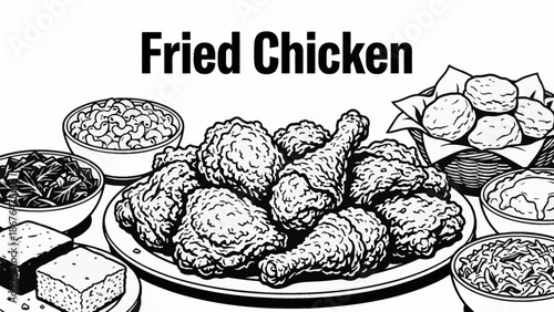 crispy fried chicken served with side dishes Black and white vector illustration, representing Southern American comfort food in clean line style