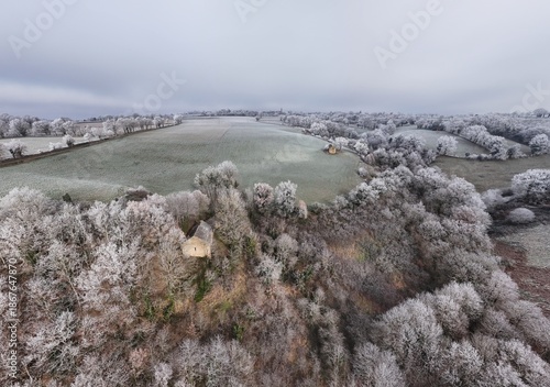 Frozen winter landscape countryside in aveyron