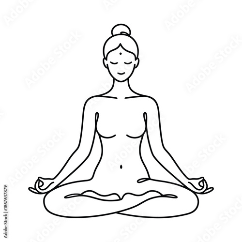 Black line of a woman meditating in lotus pose with closed eyes yoga meditation female