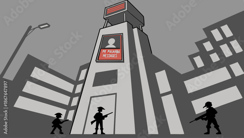 Dystopian Security Tower Surveillance State with Armed Guards Protecting Government Building for Social Control Illustration