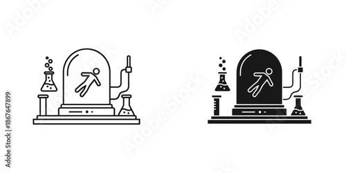 Black and white laboratory experiment with human figure inside apparatus