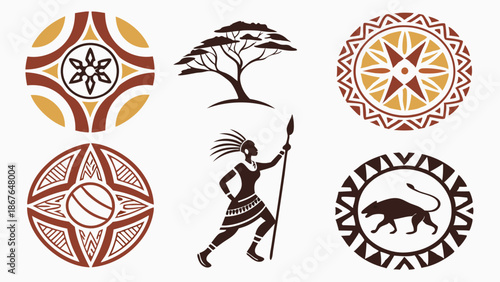 African Tribal Symbols Set Warrior Lion Tree Vector Graphics for Cultural Travel Website Design or Ethnic Product Packaging