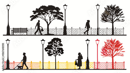 Park Scene Silhouettes People Walking Trees Fences Lampposts Seasonal Change Vector Illustration for Urban Design Projects