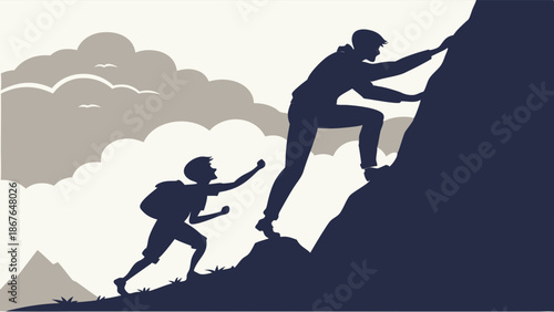 Father and Child Climbing Steep Mountain Silhouette Mentoring Growth Journey Success for Outdoor Adventure Web Design and Coaching Materials