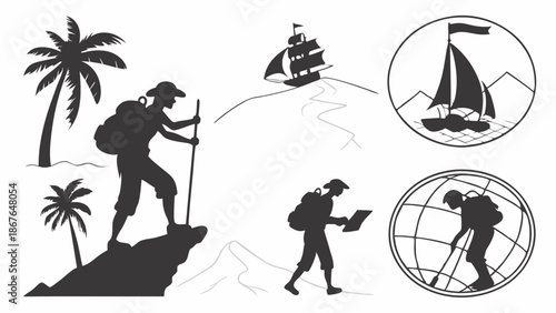 Adventure Travel Exploration Silhouettes Hiking Sailing Navigation Globe Icons for Tourism Website Design and Outdoor Journey Promotion