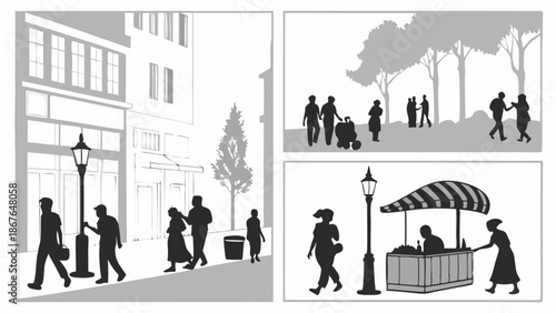 Silhouettes of Diverse People Walking in Urban City Street Park and Outdoor Food Stall Scenes for Lifestyle Design