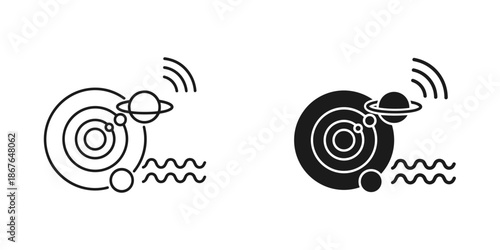 Black and white planetary system with radio waves planets