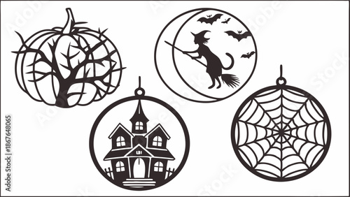 Halloween Ornaments Set Spooky Black Silhouettes Pumpkin Witch Haunted House Spiderweb Laser Cut Files for Crafts and Decorations