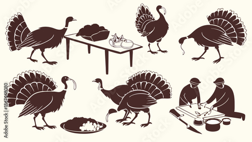 Thanksgiving Holiday Turkey Preparation Cooking Scene Silhouettes for Seasonal Food Blog Web Design or Menu Graphics