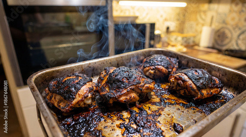 Smoky roasted chicken thighs on tray, juicy chicken dinner fresh from oven, chicken skin glazed, kitchen background for summer bbq, fathersday feast, holidays menu, comfort food concept