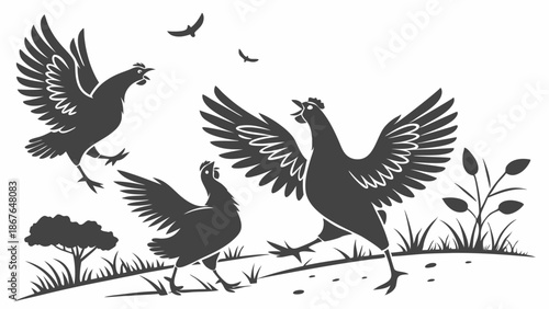 Three Dynamic Chickens Running Outdoors Farm Poultry Flock Excitement For Agriculture And Rural Life Design