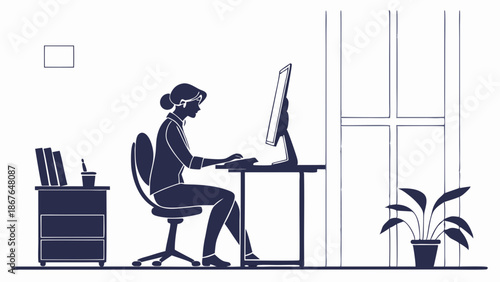Focused Woman Working at Computer Desk in Minimalist Home Office Setting for Remote Productivity and E-learning Success
