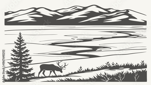 Rustic Winter Landscape with Elk Walking by Frozen River and Snowy Mountains for Travel or Nature Branding