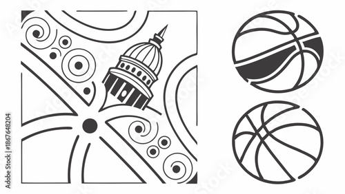 Architectural Cityscape Dome Pattern with Basketball Graphics for Sports Event Promotion Design Projects