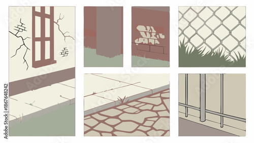 Property Damage Inspection Set Showing Foundation Cracks, Fencing Issues, and Deteriorating Sidewalks for Home Insurance Claims