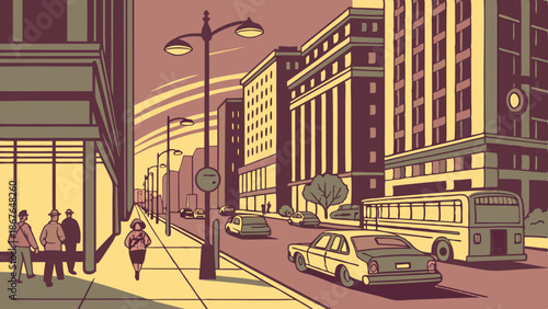 Retro City Street Scene with Pedestrians and Vintage Bus for Urban Development or Nostalgic Advertising Design