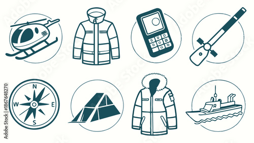 Arctic Expedition Gear Icons for Survival Adventure Travel Planning and Outdoor Safety Web Design Projects