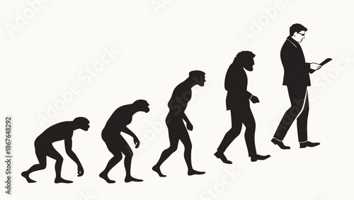Human Evolution Progression Silhouettes Showing Advancement to Modern Professional Man Reading Document for Success Growth