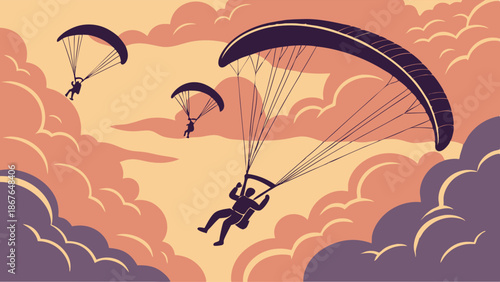 Three Paragliders Soaring Above Sunset Clouds for Adventure Travel Web Design Extreme Sports Vacation Promotion
