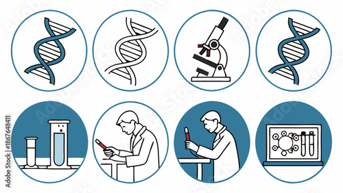 Genetics Research Icons Showing DNA Helix Microscope Lab Testing and Scientist Analyzing Samples for Science Projects