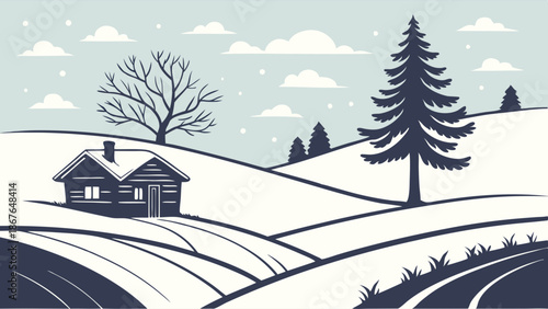 Rustic Winter Cabin Landscape Peaceful Snow Scene for Holiday Greeting Card Web Design Background Seasonal Illustration
