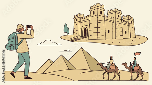 Tourist Photographer Captures Ancient Egyptian Pyramids and Medieval Castle Travel Adventure Vacation