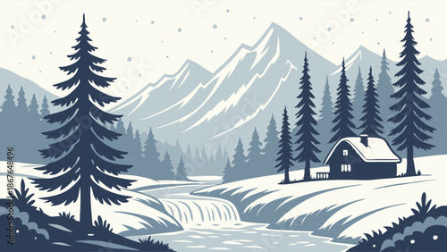 Cozy Winter Cabin by Snowy River Waterfall Serene Mountain Landscape for Holiday Greeting Cards Web Banners Seasonal Promotion