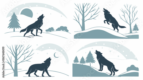 Winter Wolf Howling Silhouette Collection Four Scenes for Wildlife Design Branding Seasonal Outdoor Adventure Media Assets
