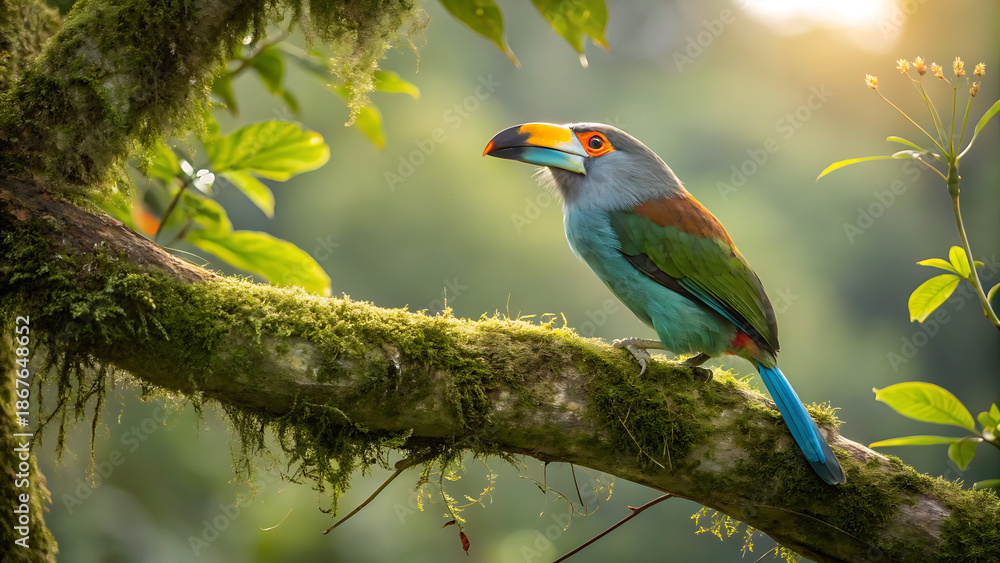 Naklejka premium A vibrant toucan barbet perched on a tree branch in a tropical rainforest, tropical, wildlife