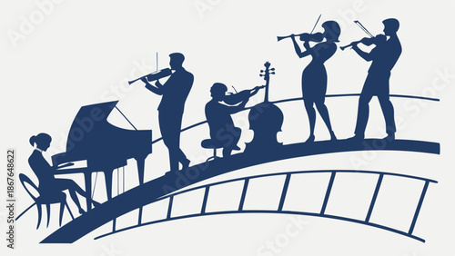 Elegant String Quartet and Pianist Silhouette Performing Music on Arch Bridge for Concert Promotion and Arts Events