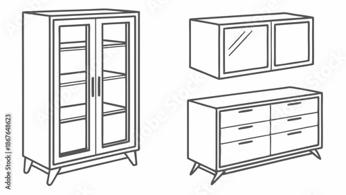 Modern Mid-Century Display Cabinet Hutch and Dresser Set for Home Interior Design Projects and Furniture Catalogs
