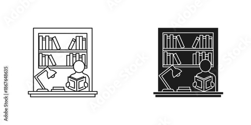 Person Reading Book in Front of Bookshelf with Lamp