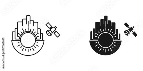 Satellite Dish and Spacecraft Set in Black and White