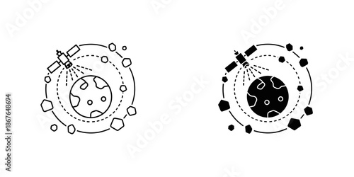 Satellite orbiting around a moon with hexagonal debris