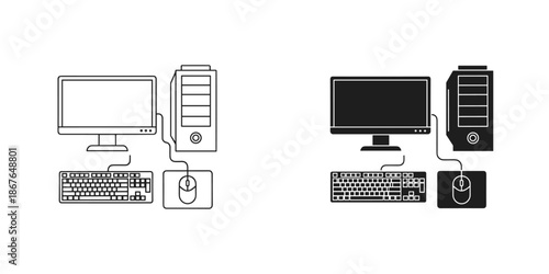 Two computer setups with monitor keyboard and mouse in black and white