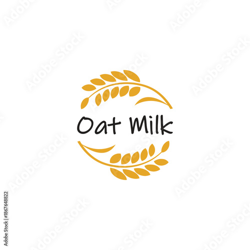 Oat milk logo. Cartoon-style oat sprigs with lettering. Hand-drawn vector concept. Illustration for print, poster, and packaging. Isolated image.