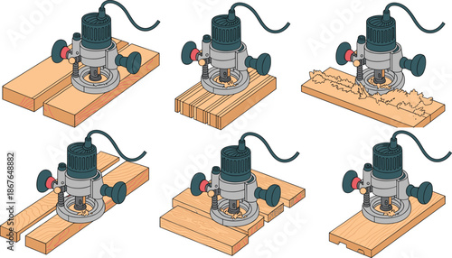 Woodworking router process illustration, showing wood milling, grooving, shaping, cutting steps, isolated on white background vector, detailed professional carpentry equipment