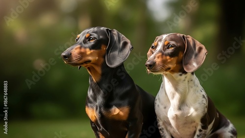 Two Cute Dachshund Dogs Outdoors.
