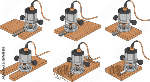 Woodworking router process illustration, showing wood milling, grooving, shaping, cutting steps, isolated on white background vector, detailed professional carpentry equipment