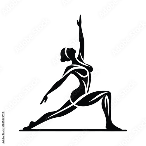 Black silhouette of woman in yoga warrior pose on white background stretching d