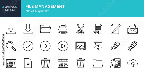 File management line icons set with editable stroke featuring folder document print and cloud storage symbols for web interface design