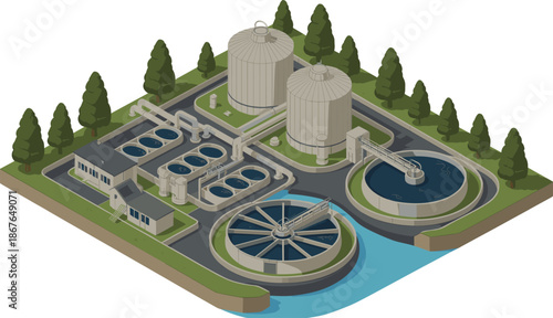 Isometric wastewater treatment plant, modern water purification facility, industrial clarifiers tanks pipelines, environmental engineering infrastructure, clean water processing system illustration