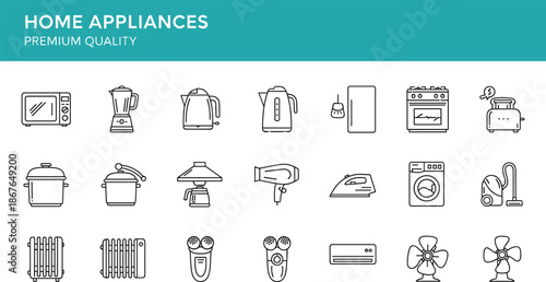 Home appliances premium quality line icons set featuring kitchen electronics cleaning tools and household device symbols for web design