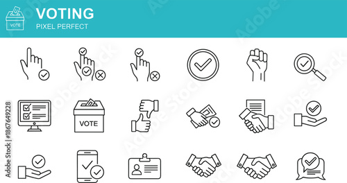 Voting and election pixel perfect line icons set featuring ballot box hand gestures and democratic choice symbols for political design
