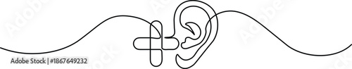 Continuous one-line drawing of a medical ear icon with a cross. Minimalist symbol for audiology and ear health. Simple black line art on white.