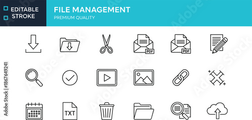 File management premium quality line icons set featuring folder document and cloud storage symbols for web and app design