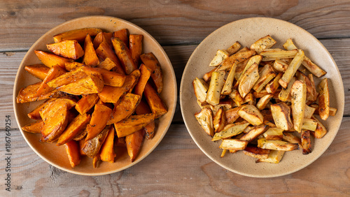 Cuadro en lienzo Sweet potatoes and parsnips roasted with honey and thyme: sweet potatoes on one plate, and parsnips on another