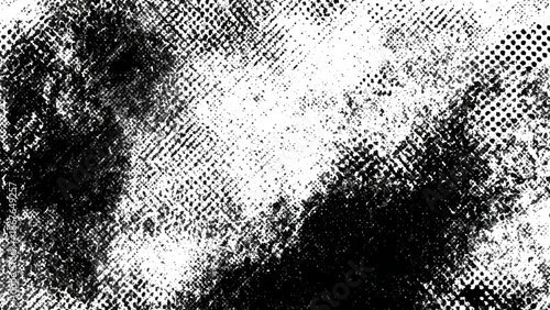 Black and white grungy textured background with halftone dots and messy stains  abstract design element