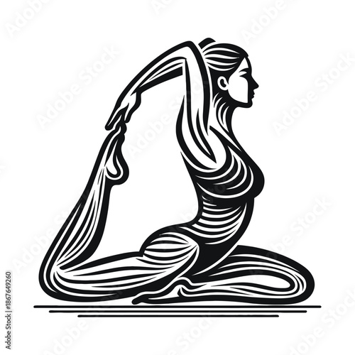 Black and white stylized yoga pose of a woman in a deep backbend d