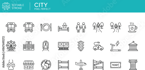 City and urban infrastructure pixel perfect line icons set featuring transport buildings and public services for modern map design